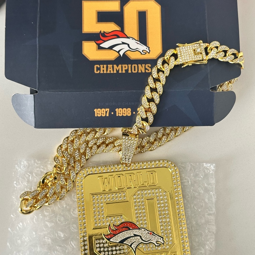 Denver Broncos Gold 'World 50' Championship Pendant Necklace